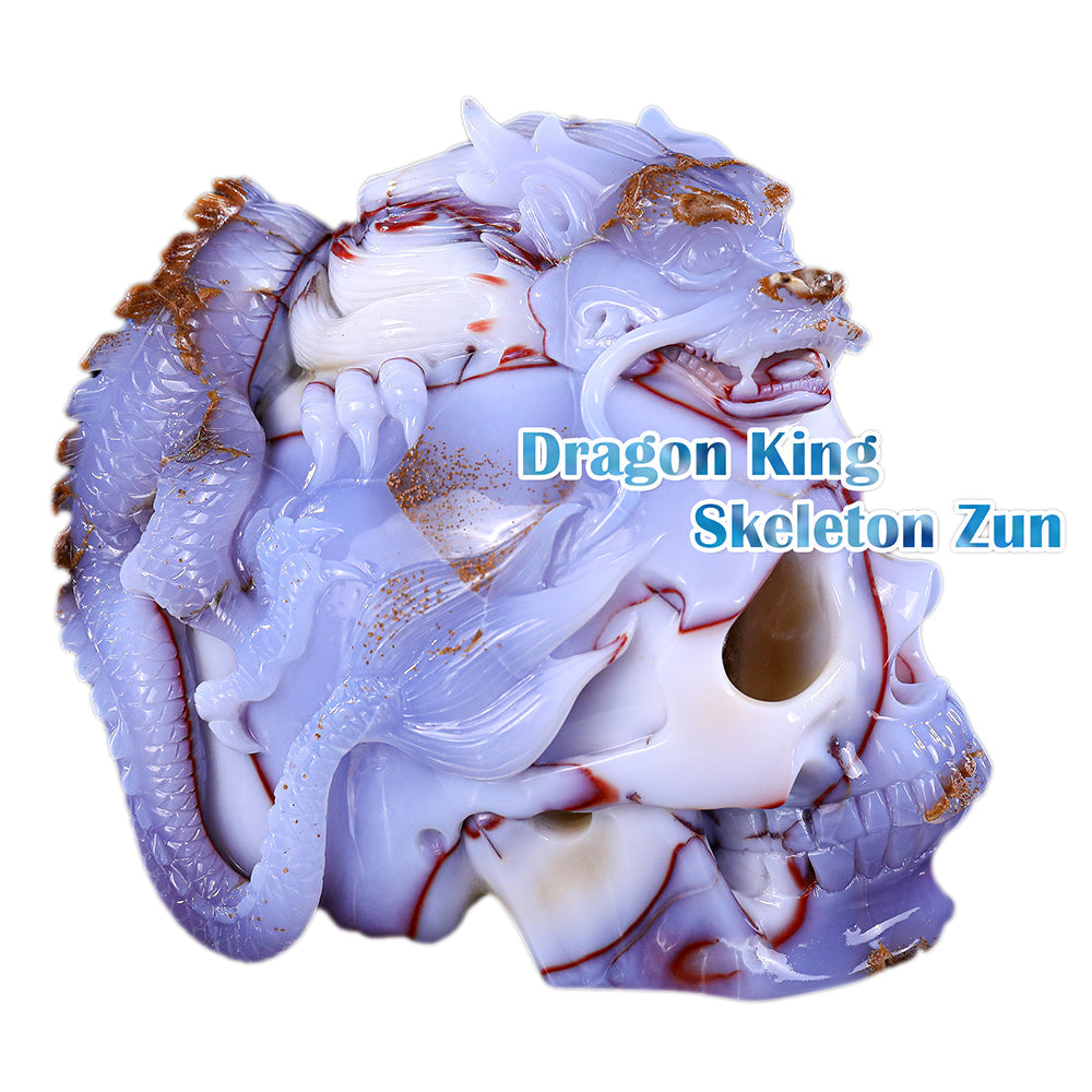 6.5" Blue Chalcedony Dragon with Skull Carving Sculpture piece 3100268 hand carved natural gemstone sculpture by Nicedony