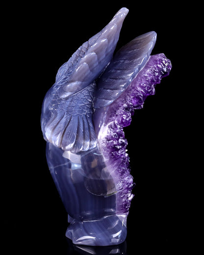 Unique 6.9" Amethyst Druse Agate Hand Carved Mineral Specimen Skull and Owl Sculpture