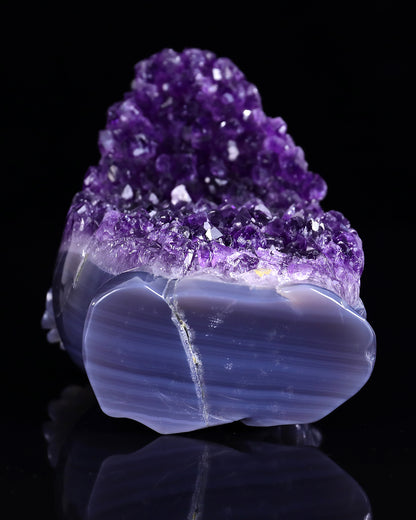 Unique 6.9" Amethyst Druse Agate Hand Carved Mineral Specimen Skull and Owl Sculpture