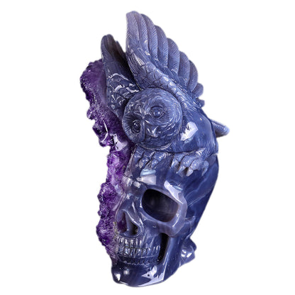 3.7" Amethyst Cluster Skull with Owl Carving Sculpture piece 3100312 hand carved natural gemstone sculpture by Nicedony
