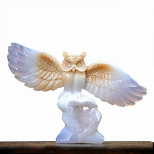 8.3" Blue Chalcedony Owl Carving Sculpture piece 3100342 hand carved natural gemstone sculpture by Nicedony