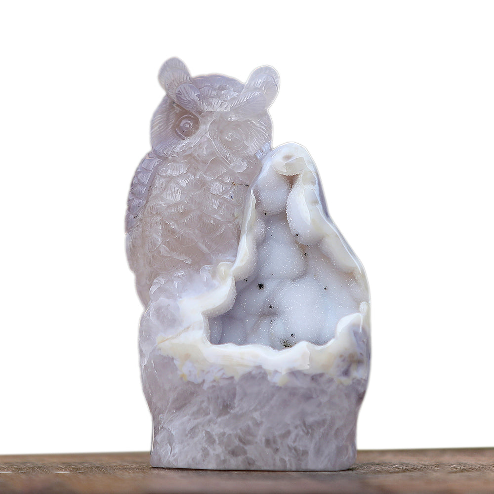 6.0" Geode Agate Owl Carving Sculpture piece 3100344 hand carved natural gemstone sculpture by Nicedony
