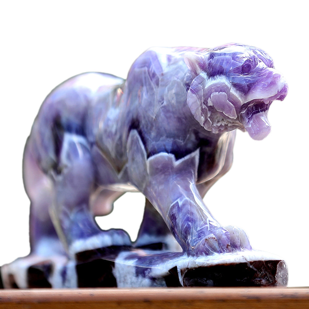 8.3" Dream Amethyst Tiger with Stand Carving Sculpture piece 3100400 hand carved natural gemstone sculpture by Nicedony
