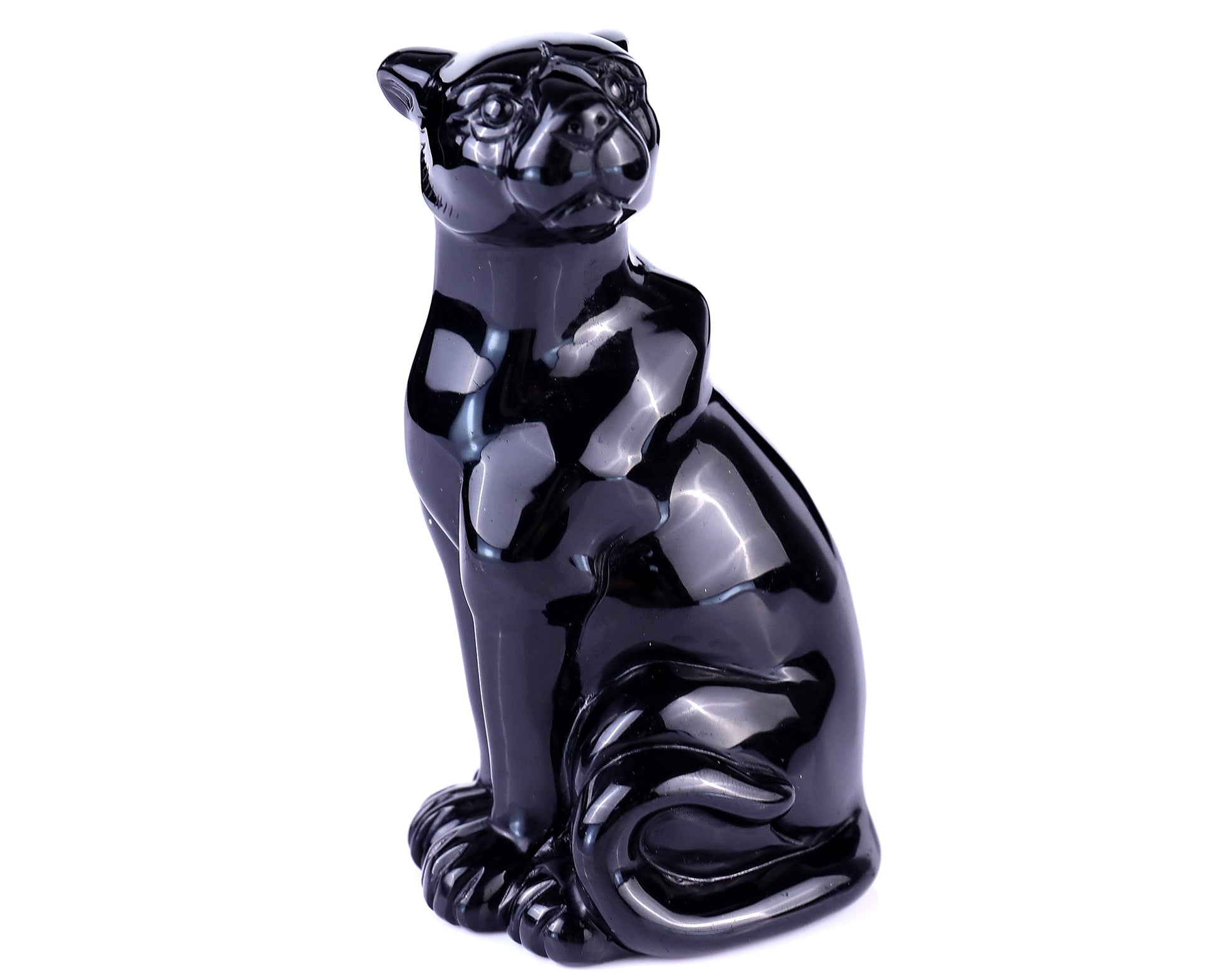 5.1" Black Obsidian Hand Carved Crystal Leopard Sculpture Crystallumi