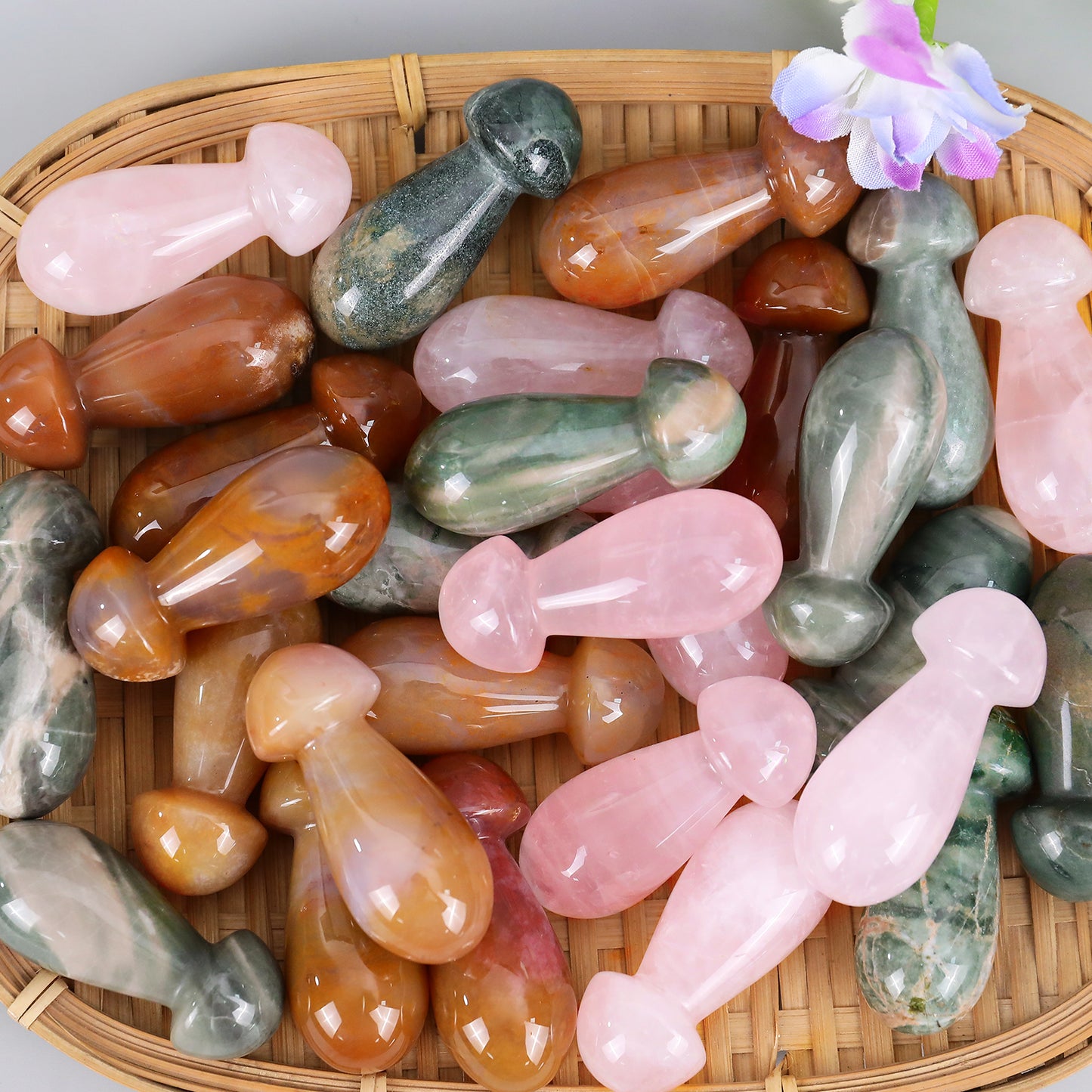 50mm Gemstone Hand Carved Crystal Mushroom Guasha Stick,Massage Tool