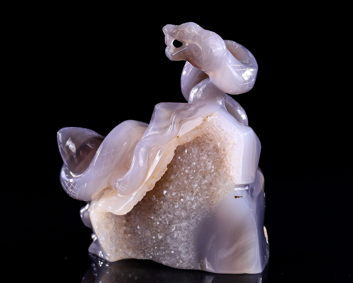 5.1" Geode Agate Hand Carved Crystal Snake Sculpture