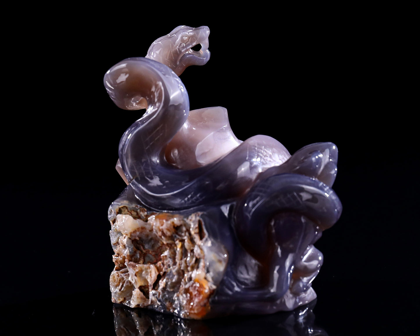 5.1" Geode Agate Hand Carved Crystal Snake Sculpture