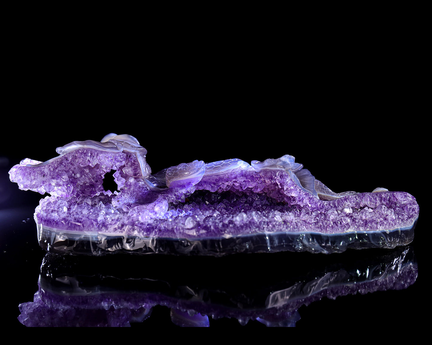 10.3" Amethyst Druse Agate Hand Carved Crystal Snake Sculpture