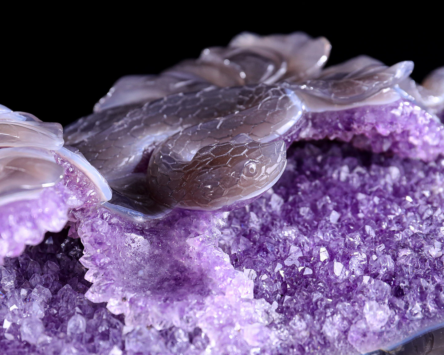 10.3" Amethyst Druse Agate Hand Carved Crystal Snake Sculpture