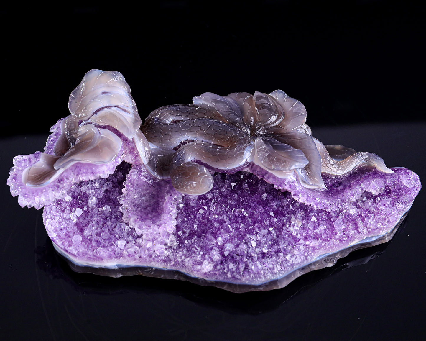 10.3" Amethyst Druse Agate Hand Carved Crystal Snake Sculpture