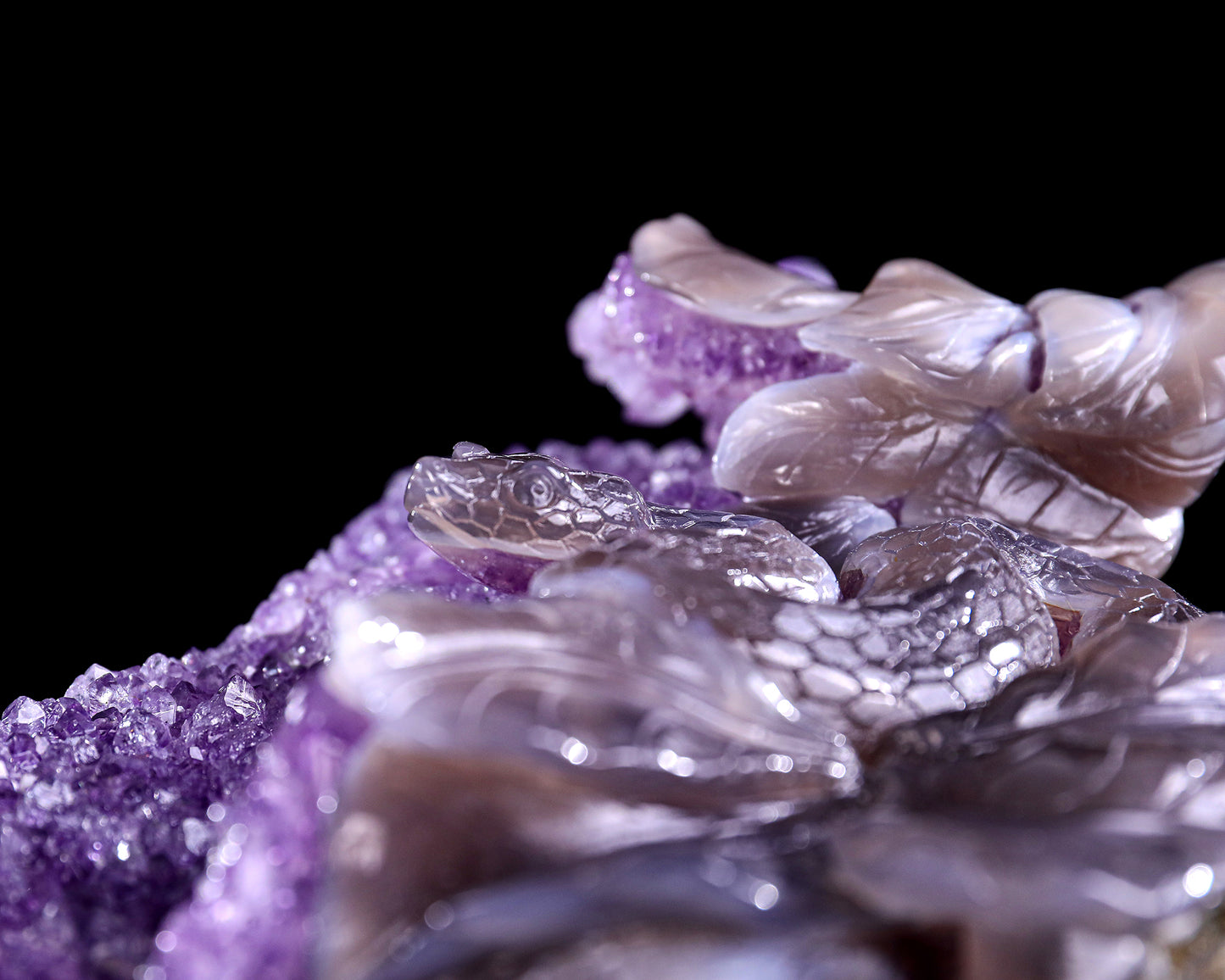 10.3" Amethyst Druse Agate Hand Carved Crystal Snake Sculpture