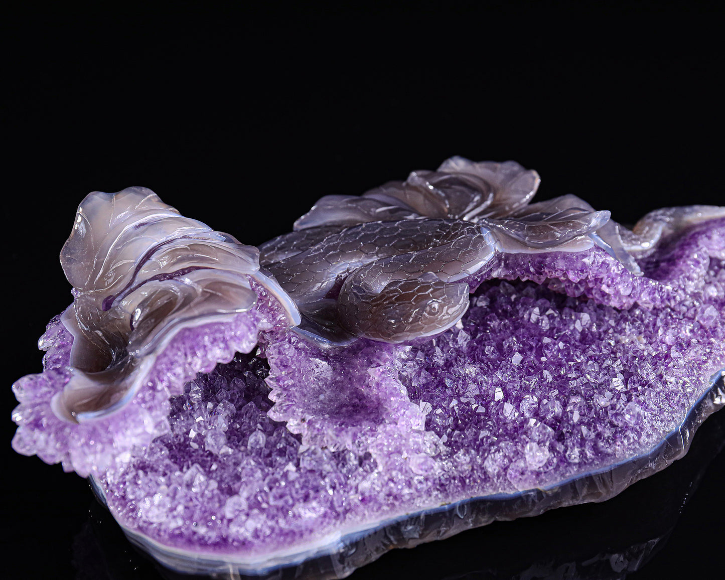 10.3" Amethyst Druse Agate Hand Carved Crystal Snake Sculpture
