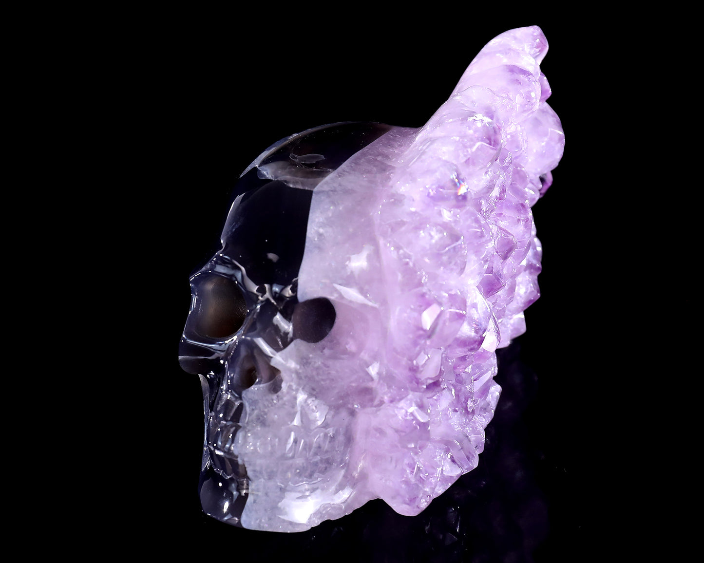 5.2" Amethyst Druse Agate Hand Carved Mineral Specimen Skull Sculpture