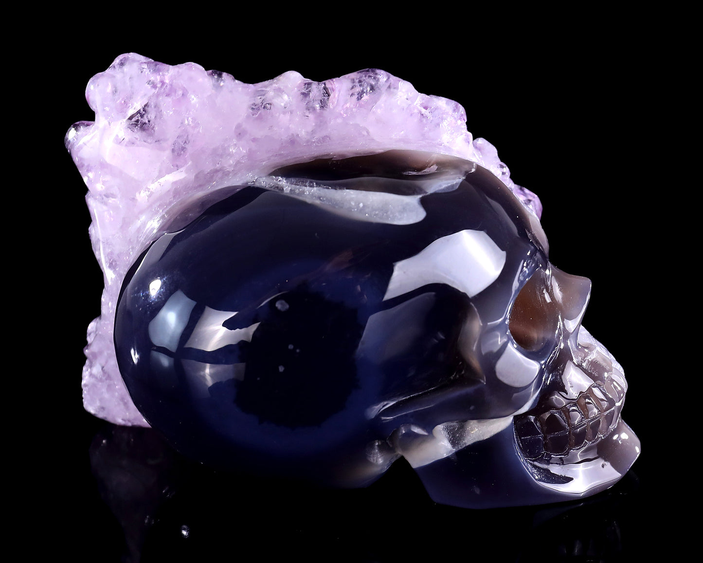 5.2" Amethyst Druse Agate Hand Carved Mineral Specimen Skull Sculpture