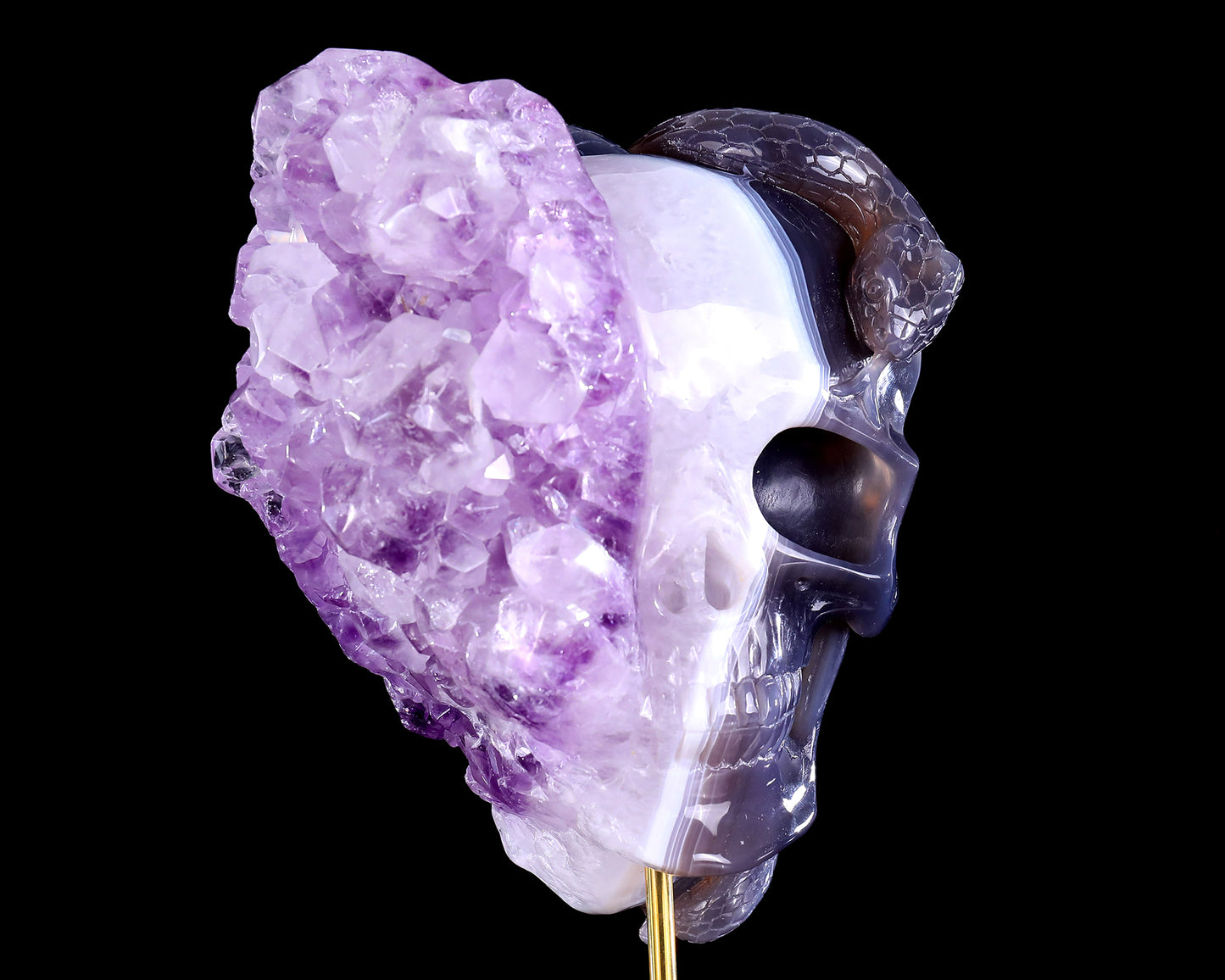 7.9" Amethyst Druse Agate Hand Carved Mineral Specimen Skull Sculpture