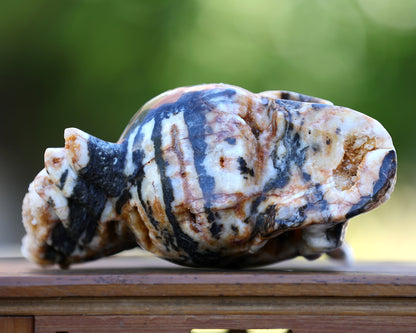 Unique 7.9" Geode Agate Hand Carved Crystal Geode Skull Sculpture