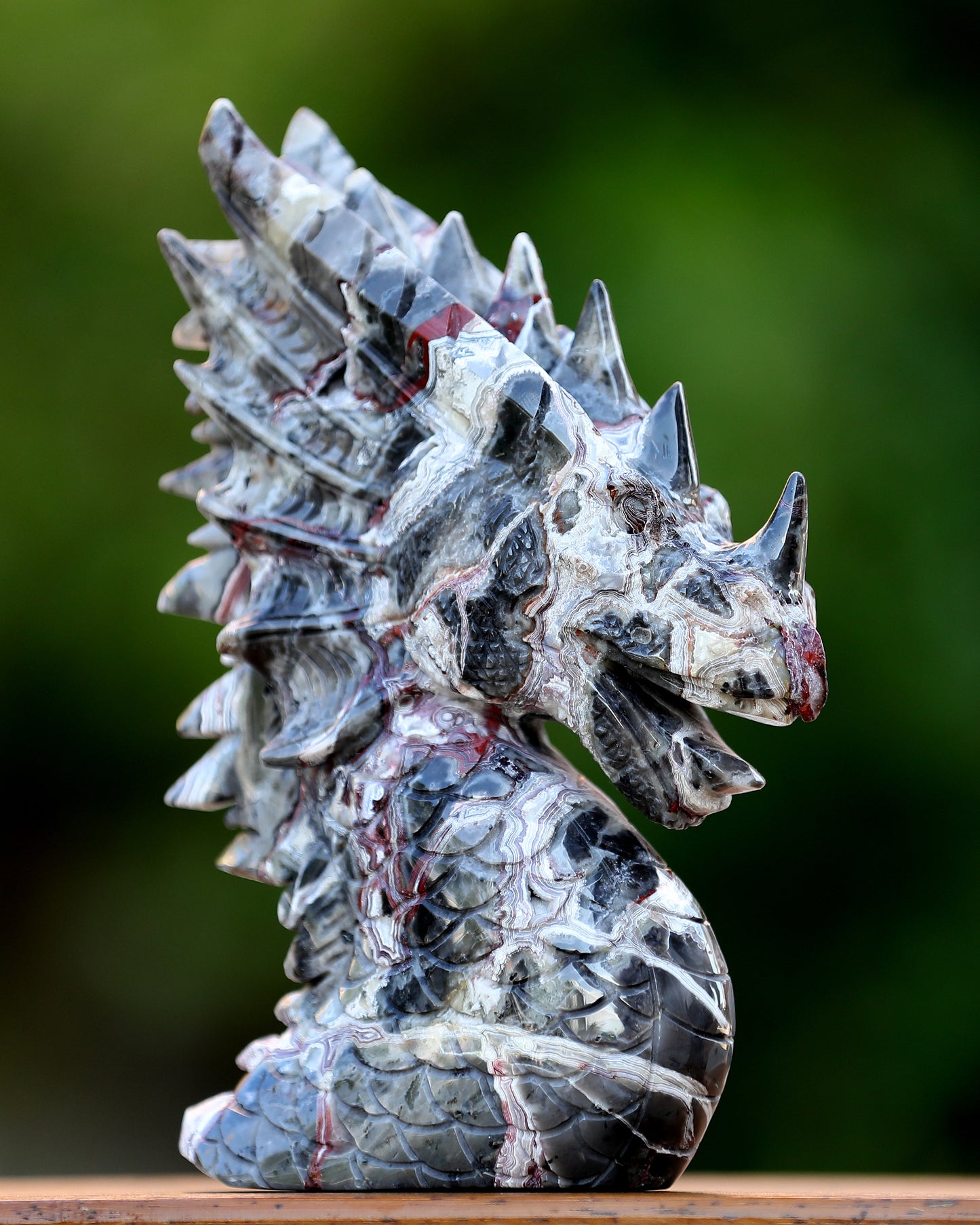9.3" Red Lace Agate Hand Carved Crystal Dragon Skull Sculpture