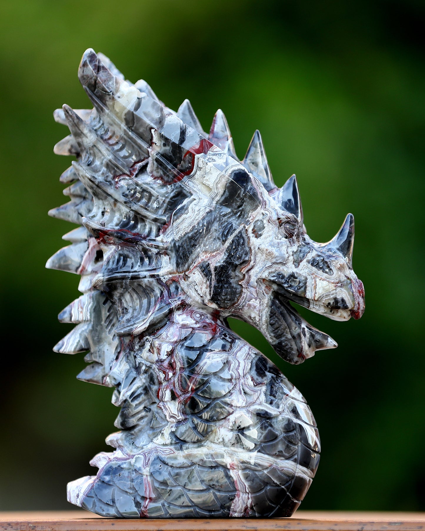 9.3" Red Lace Agate Hand Carved Crystal Dragon Skull Sculpture