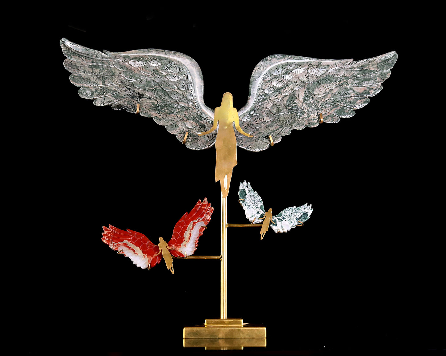 15" Natural Jiulong Jade Hand Carved Crystal Spirit Wings Sculpture, Angel Wings