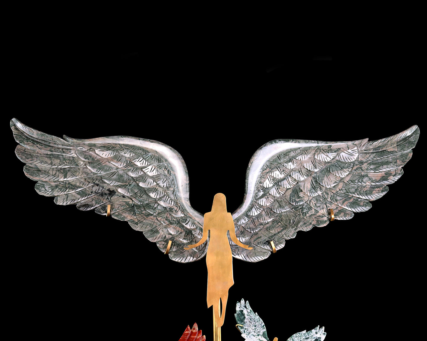 15" Natural Jiulong Jade Hand Carved Crystal Spirit Wings Sculpture, Angel Wings