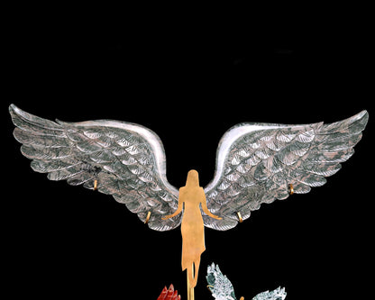 15" Natural Jiulong Jade Hand Carved Crystal Spirit Wings Sculpture, Angel Wings