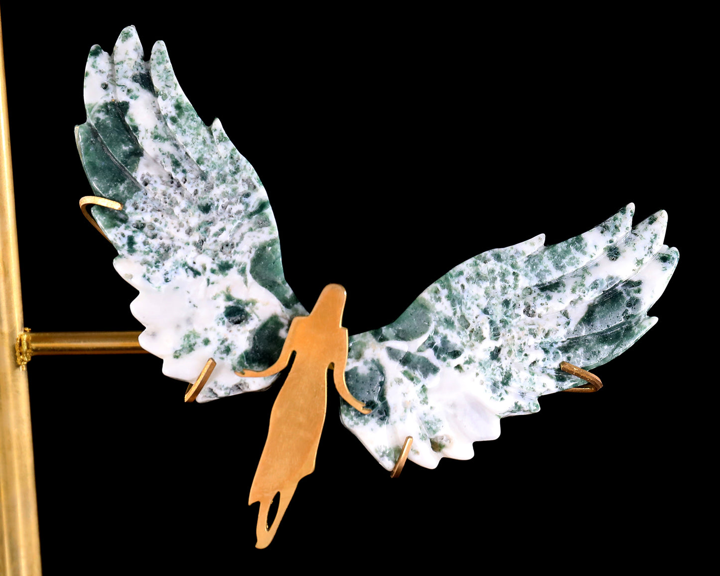 15" Natural Jiulong Jade Hand Carved Crystal Spirit Wings Sculpture, Angel Wings