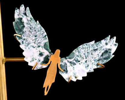 15" Natural Jiulong Jade Hand Carved Crystal Spirit Wings Sculpture, Angel Wings