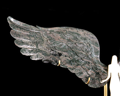 15" Natural Jiulong Jade Hand Carved Crystal Spirit Wings Sculpture, Angel Wings