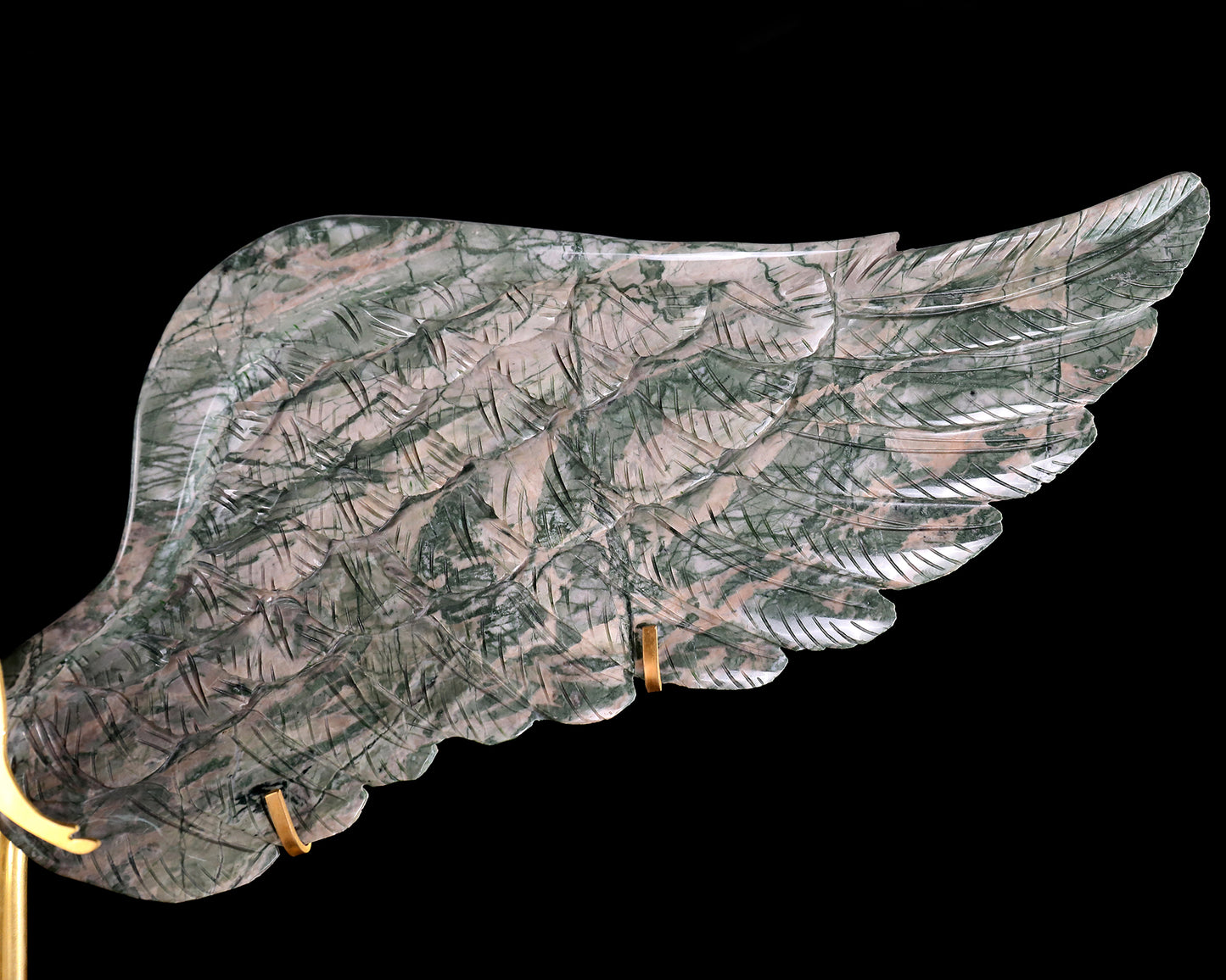 15" Natural Jiulong Jade Hand Carved Crystal Spirit Wings Sculpture, Angel Wings