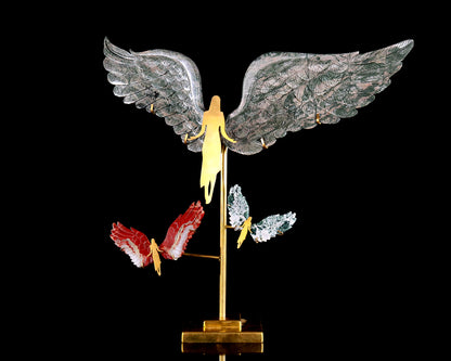 15" Natural Jiulong Jade Hand Carved Crystal Spirit Wings Sculpture, Angel Wings