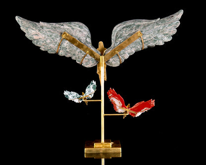 15" Natural Jiulong Jade Hand Carved Crystal Spirit Wings Sculpture, Angel Wings