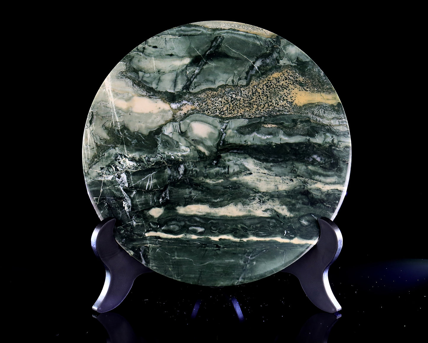9” Natural Jiulong Jade Crystal Circular Display Plate Sculpture with Wooden Stand