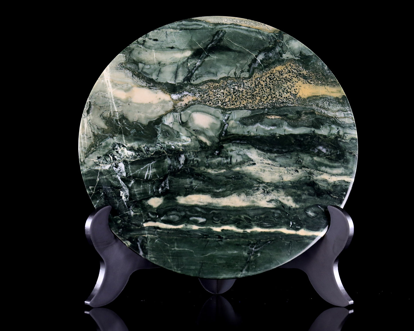 9” Natural Jiulong Jade Crystal Circular Display Plate Sculpture with Wooden Stand