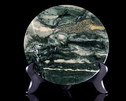 9” Natural Jiulong Jade Crystal Circular Display Plate Sculpture with Wooden Stand