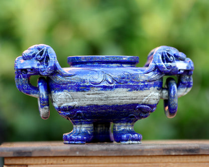 9.0” Natural Lapis Lazuli Hand Carved 3 Foot Censer with Lid Gemstone Tripod