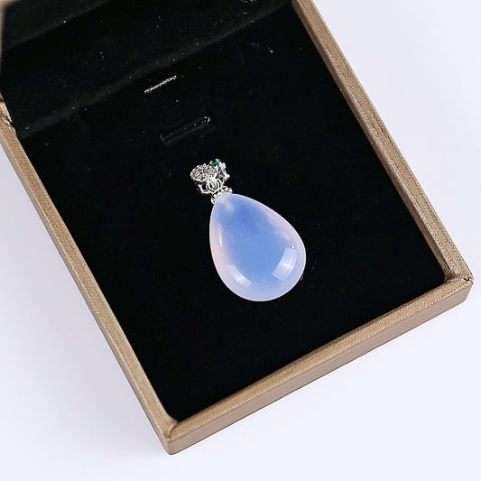Natural Blue Chalcedony Hand Carved Crystal Drop Shape Pendant DIY Necklace Pendant