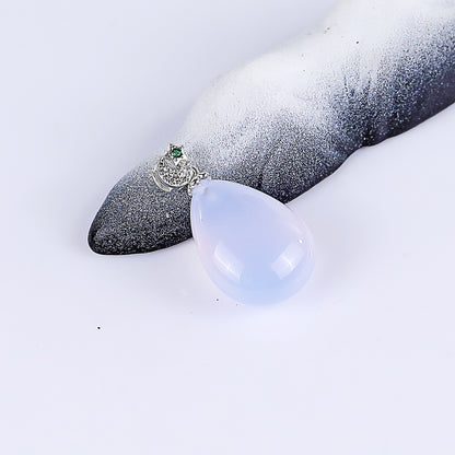 Natural Blue Chalcedony Hand Carved Crystal Drop Shape Pendant DIY Necklace Pendant