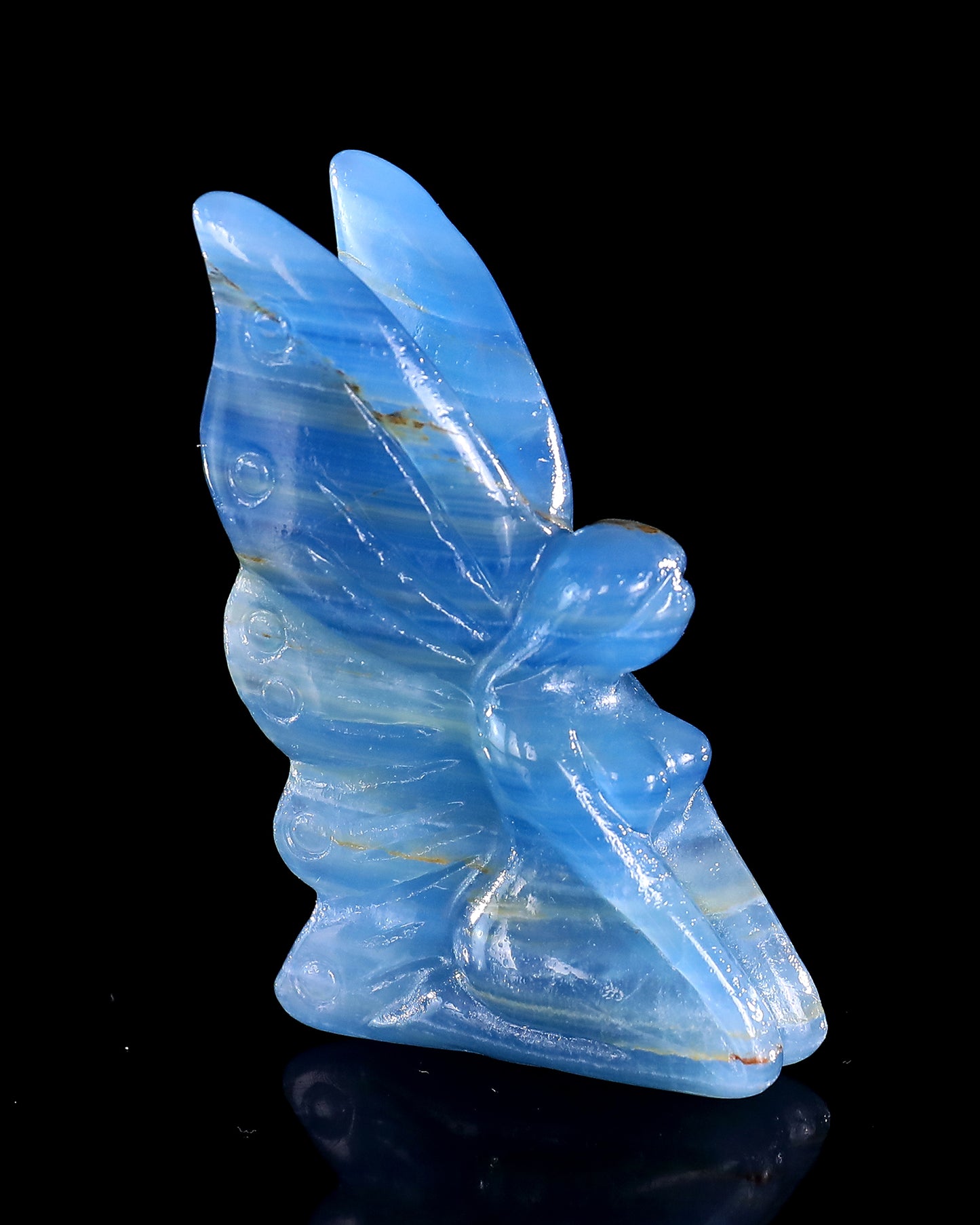3" Blue Onyx Hand Carved Crystal Flower Faerie Sculpture