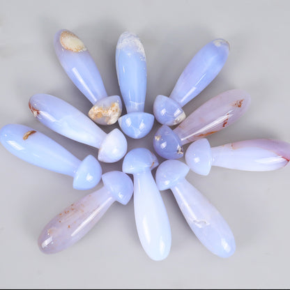 98mm Blue Chalcedony Hand Carved Crystal Mushroom Guasha Stick,Massage Tool