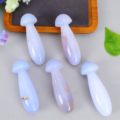 98mm Blue Chalcedony Hand Carved Crystal Mushroom Guasha Stick,Massage Tool