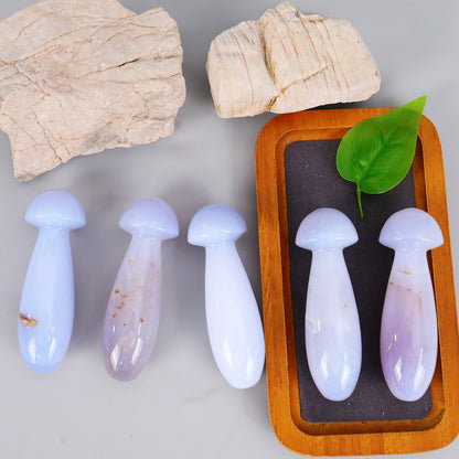 98mm Blue Chalcedony Hand Carved Crystal Mushroom Guasha Stick,Massage Tool