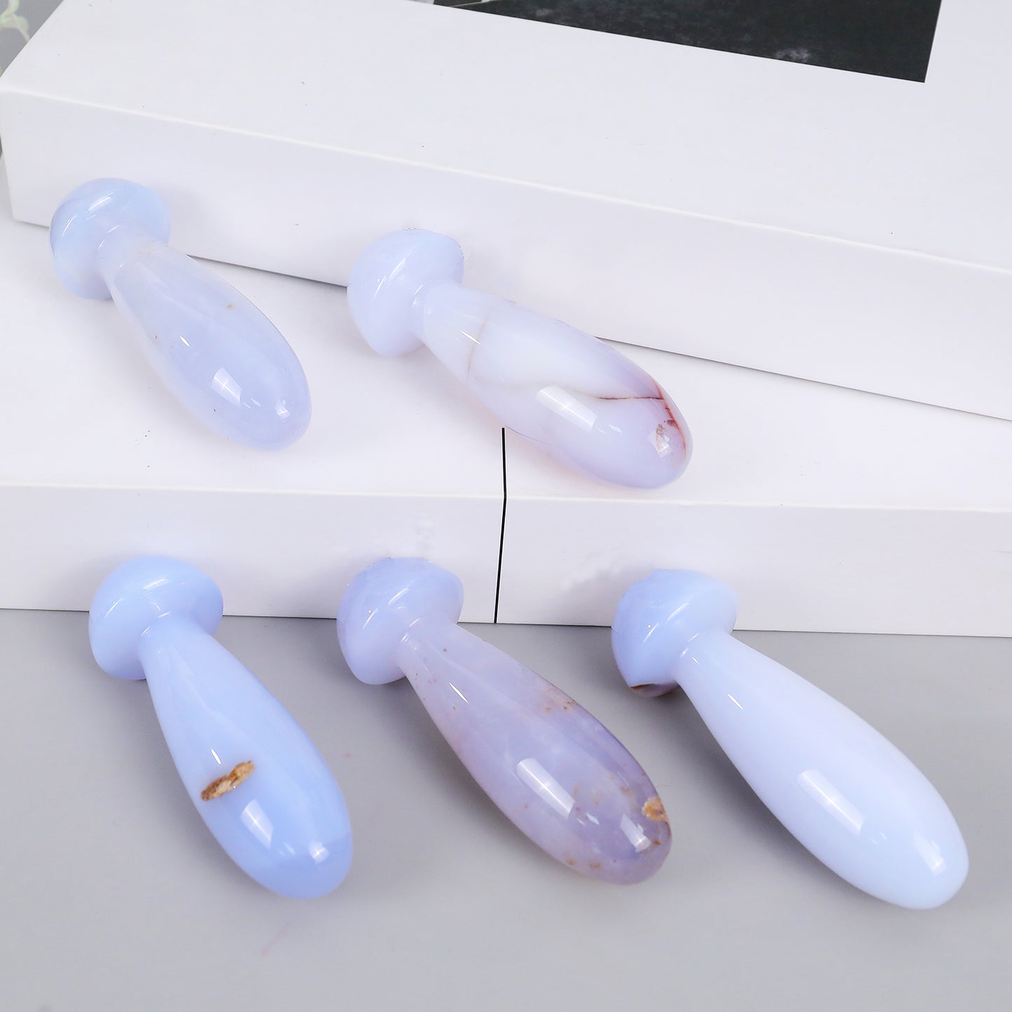 98mm Blue Chalcedony Hand Carved Crystal Mushroom Guasha Stick,Massage Tool