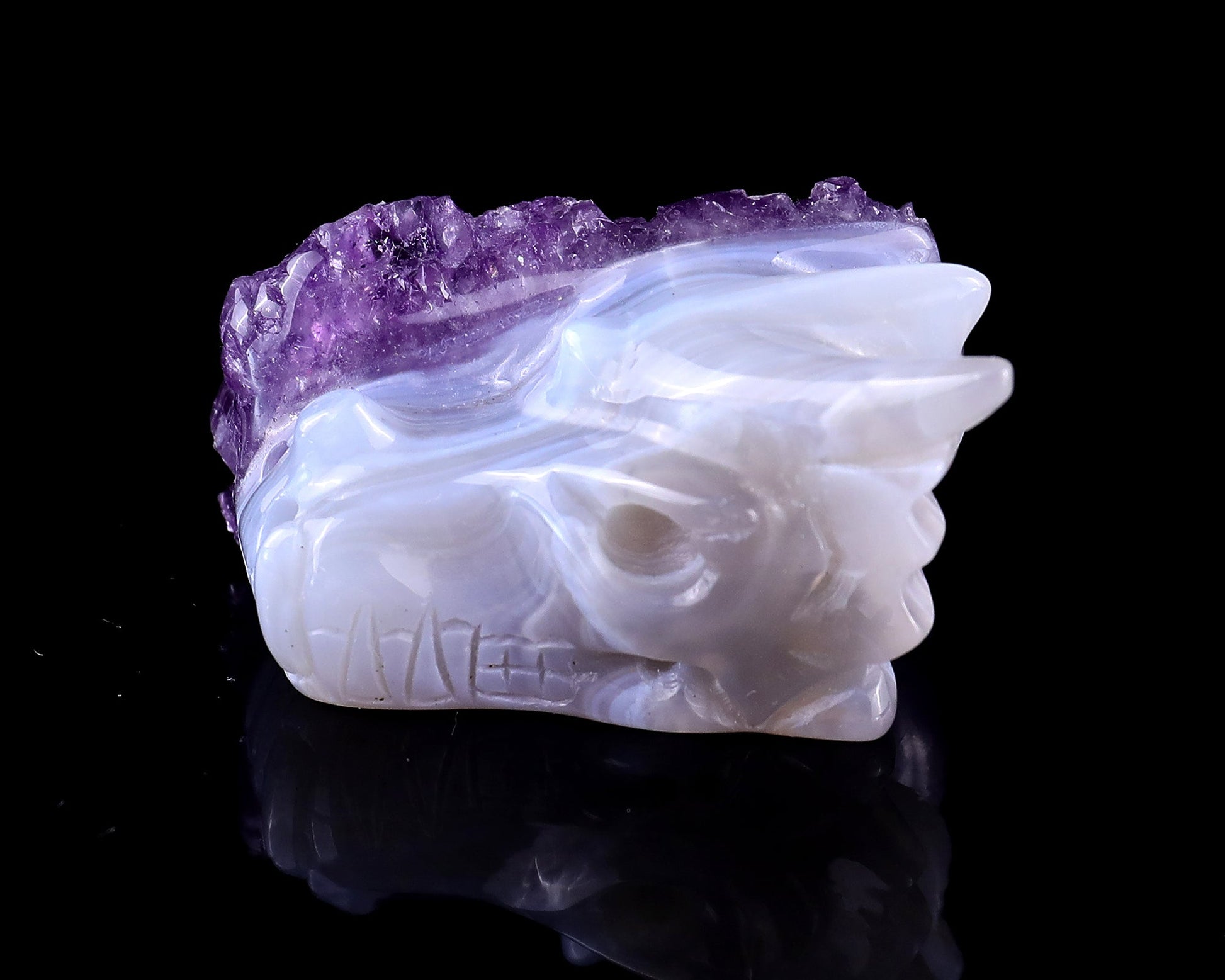 Nicedony 1.7" Amethyst Druse Agate Hand Carved Dragon Skull Sculpture - View 9