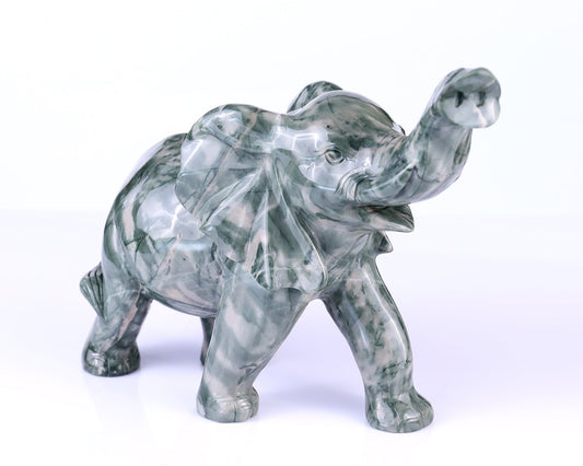 Nicedony 10.0" Jiulong Jade Hand Carved Crystal Elephant Sculpture