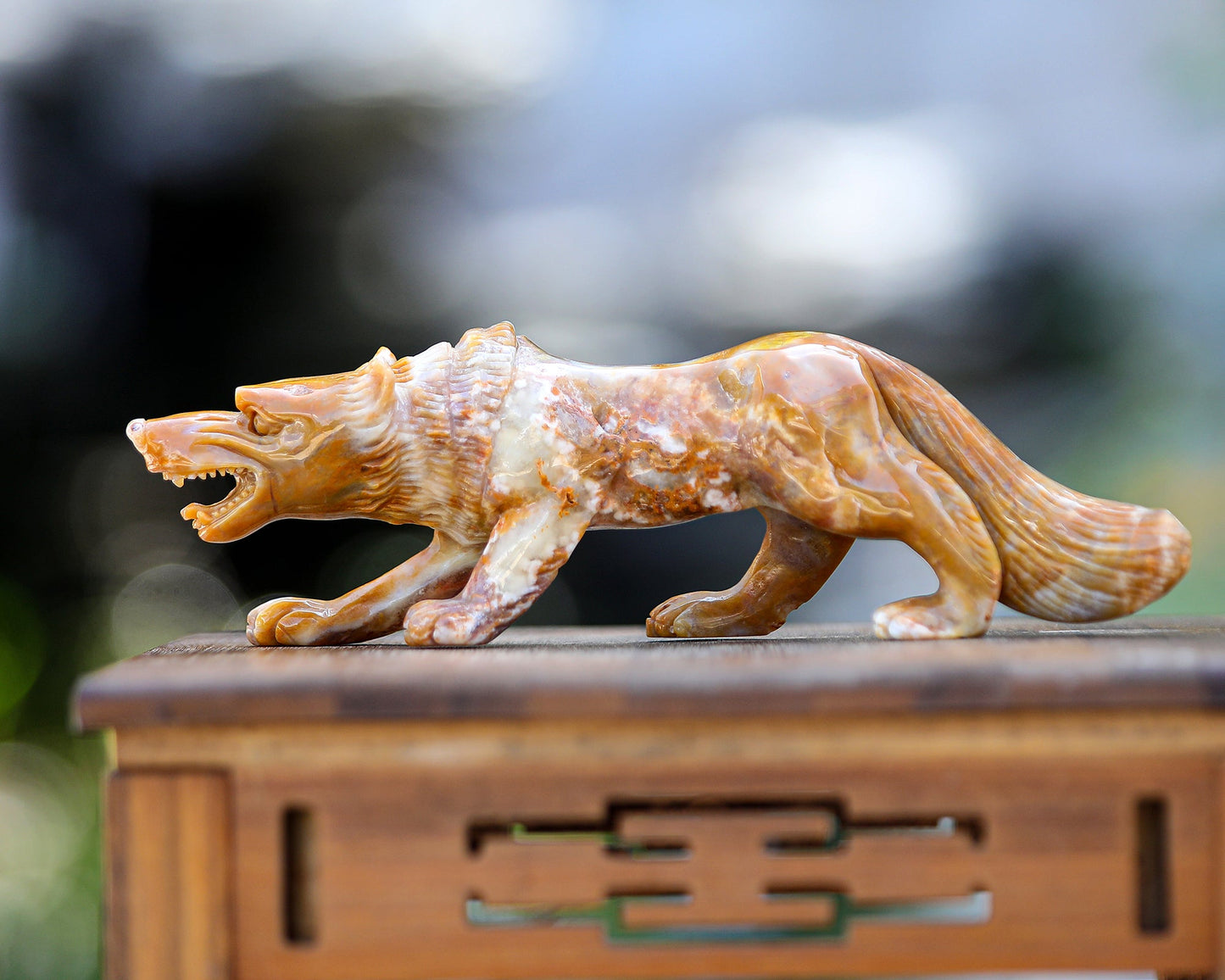 Nicedony 10.2" Chalcedony Hand Carved Crystal Wolf Sculpture