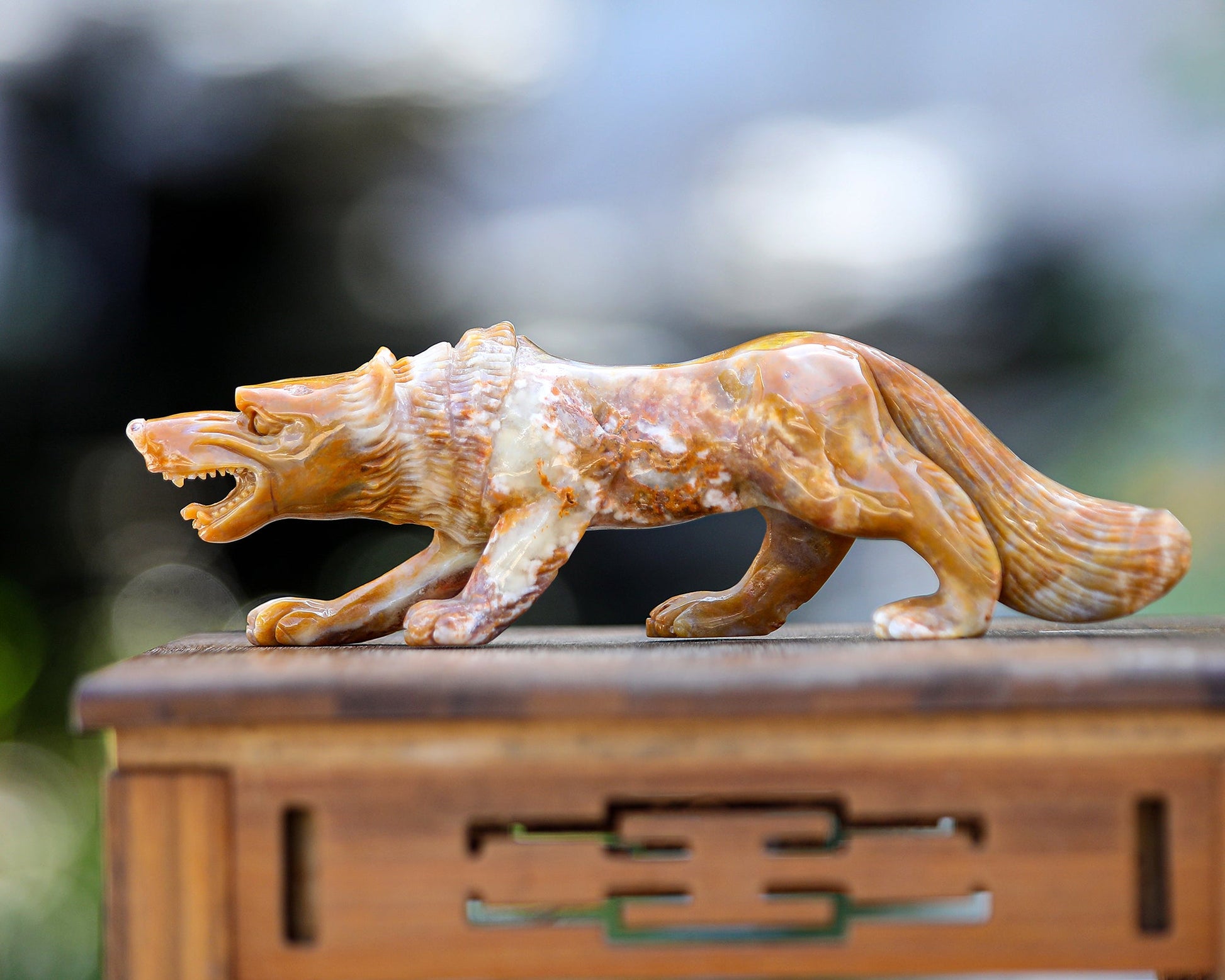 Nicedony 10.2" Chalcedony Hand Carved Crystal Wolf Sculpture