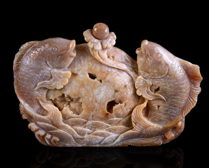 Nicedony 10.6" Chalcedony Hand Carved Crystal Fishes Sculpture