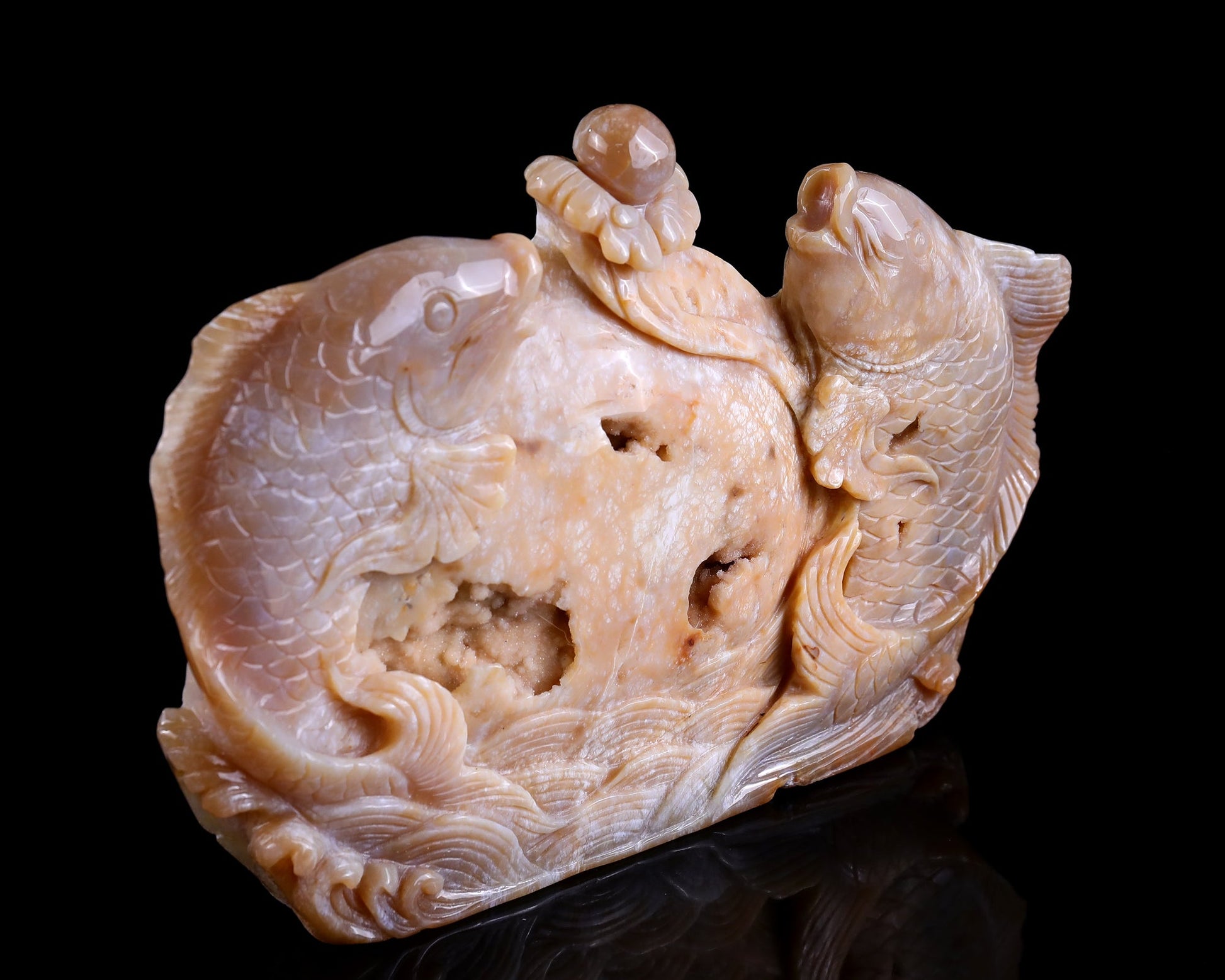 Nicedony 10.6" Chalcedony Hand Carved Crystal Fishes Sculpture - View 2