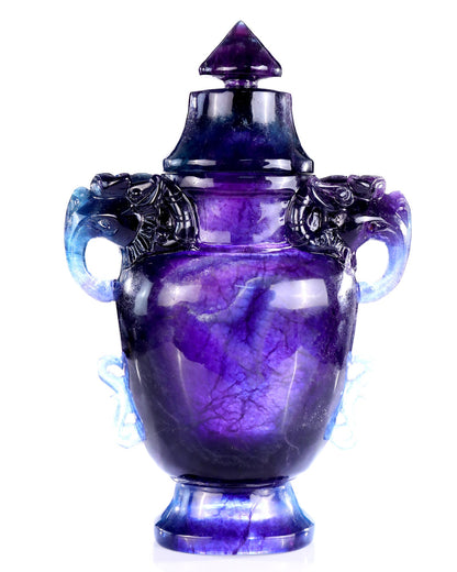 Nicedony 10.6” Natural Fluorite Hand Carved Crystal Vase with Lid