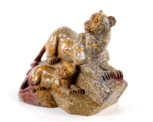 Nicedony 10.8" Leopard Skin Jasper Hand Carved Crystal Leopard Sculpture